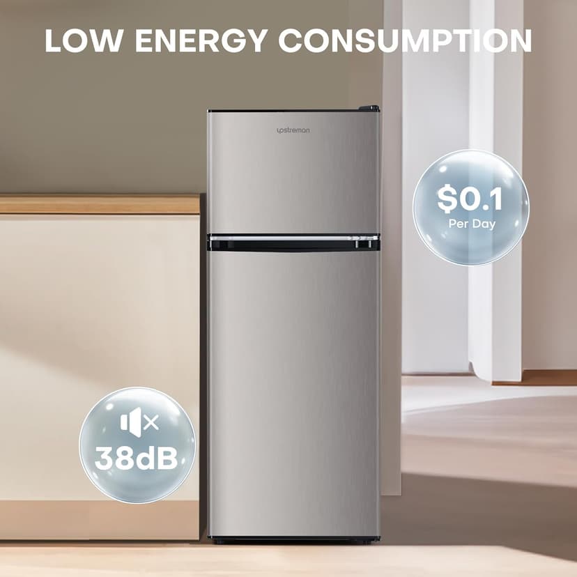 Upstreman 4.0 Cu.Ft. Mini Fridge with Freezer, Dorm Essentials, Double Door, Small Refrigerator for Office, Dorm, Bedroom, Adjustable Thermostat, Large Capacity, Stainless-SR401
