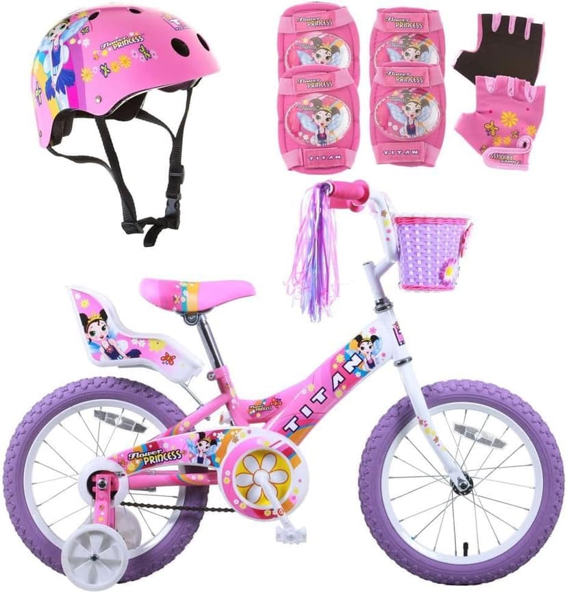 Titan Girls BMX Bike for Kids Ages 4-7, 16-Inch Wheels, 9-Inch Frame, Training Wheels, Toy Seat, Doll Basket, Streamers, First Bike, Princess Bicycle, Gift for Girls