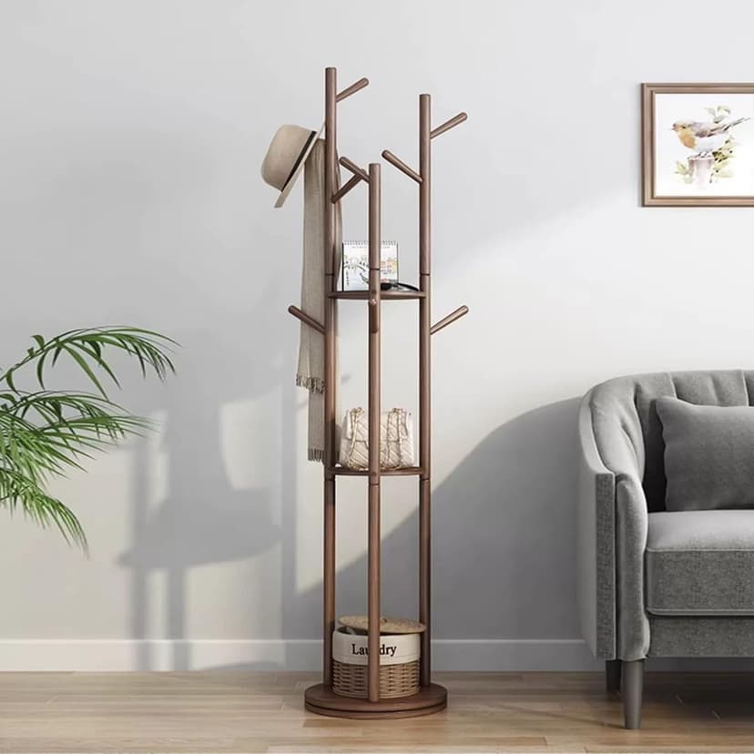Rotatable Coat Rack, Floor Standing Household Shelf, Solid Wood Frame Standing Coat Rack, Living Room Entrance Bedroom Riser Hanging Rack, Walnut Color