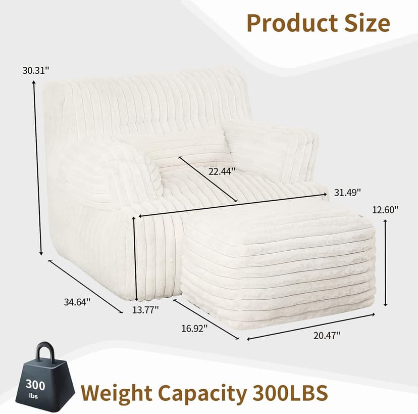 Comfy Gaint Bean Bag Chair with Ottoman, Fluffy Huge Bean Bag Armchair for Adults and Teens, Cream