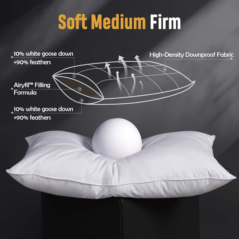 Luxury Feather Down Pillow King Size Set of 2 Pack, 100% Cotton Hotel Collection Bed Pillows for Sleeping, Down Surrounded Soft Medium Firm Pillows for Side Back Stomach Sleepers 20" x 36"