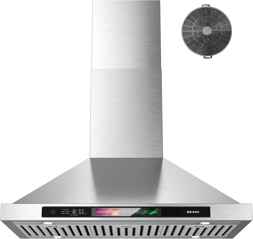 BRANO 30-inch Wall Mount Range Hood 900 CFM with Voice/Gesture/Touch Control, Stainless Steel Kitchen Hood Vent with 4 Speed Exhaust Fan, LED Adjustable Lights, Memory Mode