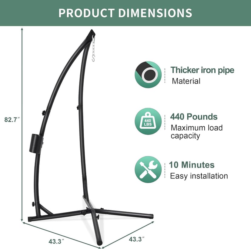 Hanging Hammock Chair Stand Swing Chair Stand for Indoor/Outdoor,C-Type Solid Steel Heavy Duty Hammock Chair Stand,Weight Capacity 440 Lbs Hanging Chair Stand Only Black AD333