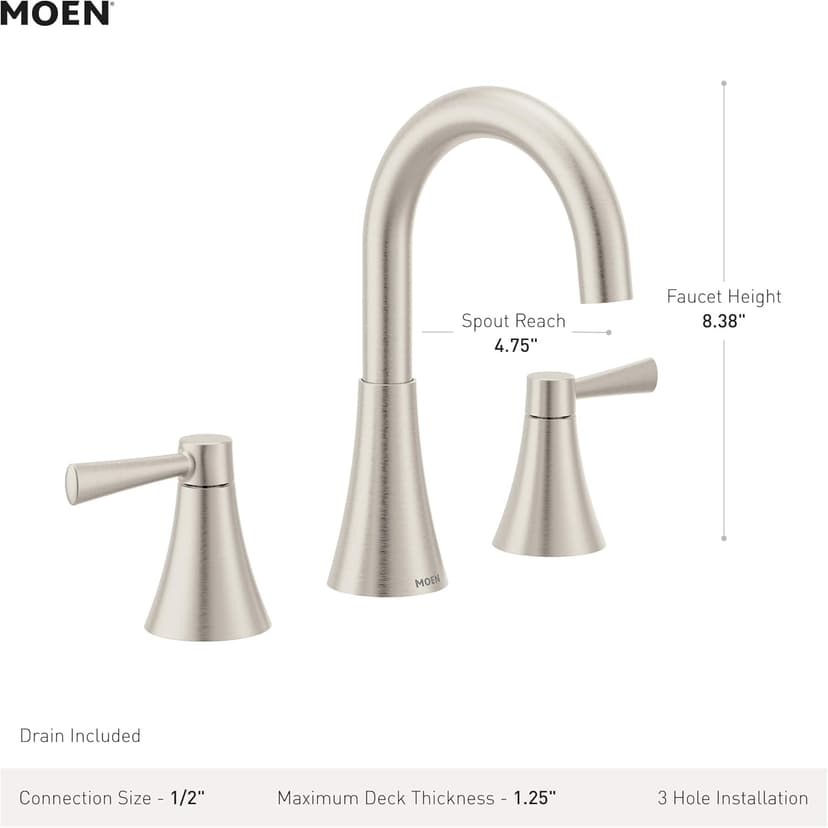 Moen Ronan Spot Resist Brushed Nickel Two-Handle Widespread Modern Bathroom Faucet, Valve Included, 84023SRN