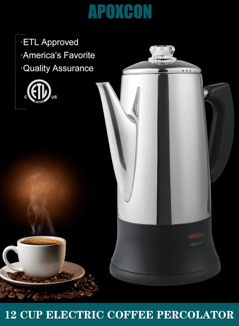 Electric Coffee Percolator Stainless Steel Coffee Maker with Two Heat Resistant Tough Glass Clear Brew Progress Knob Classic Look Keep Warm & Cordless Serving Coffee Pot 12 Cup