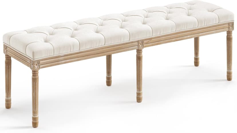 LUE BONA 60" Bedroom Bench, Vintage French Tufted End of Bed Bench, Upholstered Fabric Ottoman Bench with Carved Wood Legs for Bedroom,Dining Bench Piano Stool for Living Room,Foyer, Beige