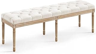 LUE BONA 60" Bedroom Bench, Vintage French Tufted End of Bed Bench, Upholstered Fabric Ottoman Bench with Carved Wood Legs for Bedroom,Dining Bench Piano Stool for Living Room,Foyer, Beige