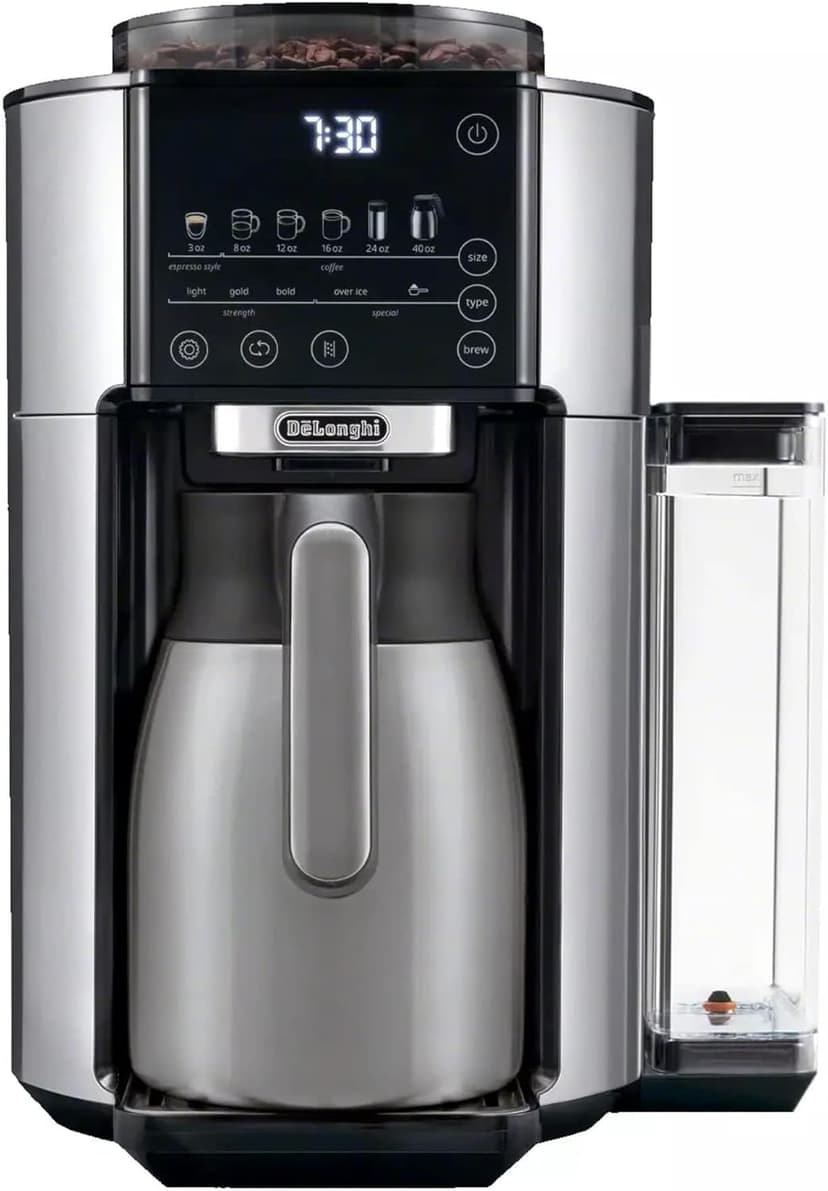De'Longhi TrueBrew Drip Coffee Maker, Built in Grinder, Single Serve, 8 oz to 24 oz with 40 oz Carafe, Hot or Iced Coffee, Stainless,CAM51035M, Silver/Black