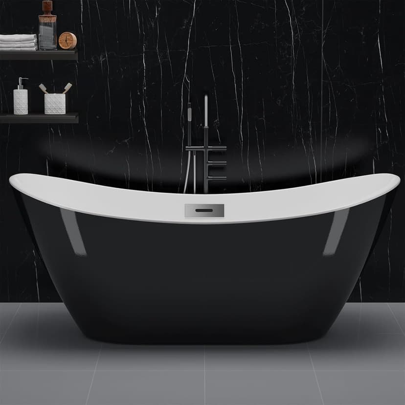 59" Acrylic Freestanding Bathtub, Free Standing Soaking Tub, Freestanding Tub with Overflow and Matte Silver Drain, Modern Bathtub for Bathroom, Hotel, Easy to Install, CUPC Certified, Black, Sky