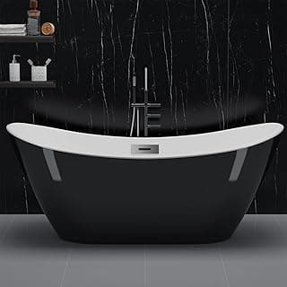 59" Acrylic Freestanding Bathtub, Free Standing Soaking Tub, Freestanding Tub with Overflow and Matte Silver Drain, Modern Bathtub for Bathroom, Hotel, Easy to Install, CUPC Certified, Black, Sky