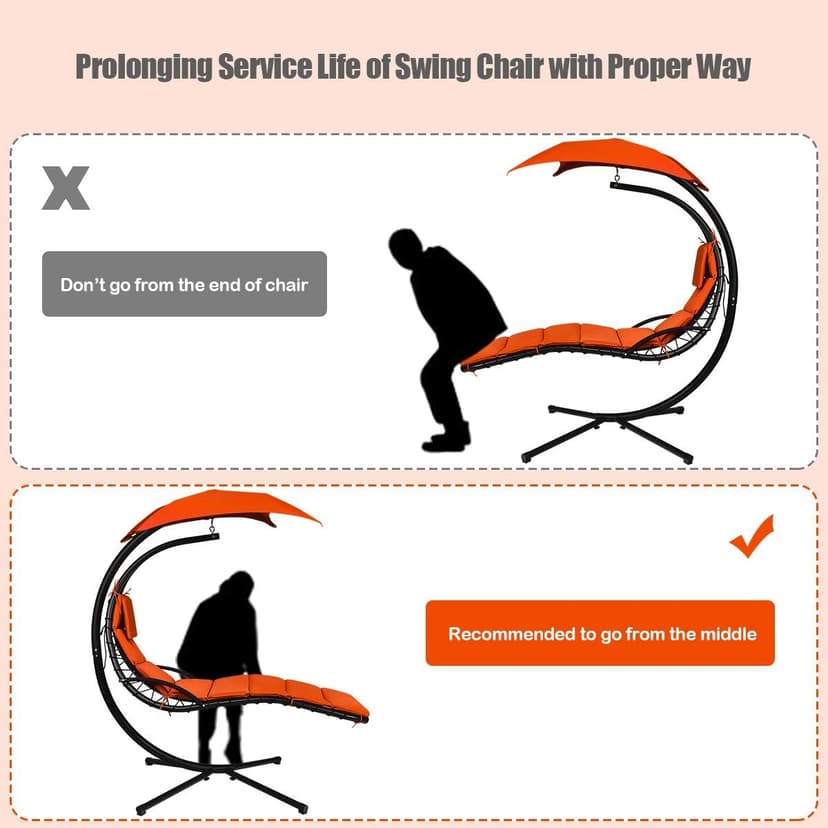 Giantex Hanging Chaise Lounger Chair, Arc Stand Porch Swing Chair w/Canopy, Cushion Built-in Pillow, Outdoor Freestanding Swing Hammock Chair for Patio Poolside Backyard Garden (Orange)