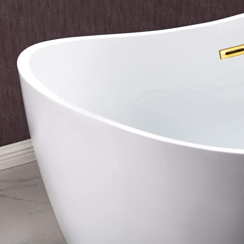 WOODBRIDGE 59" Acrylic Freestanding Bathtub Contemporary Soaking White Tub with Brushed Gold Overflow and Drain，BTA1516-BG-Drain-&O