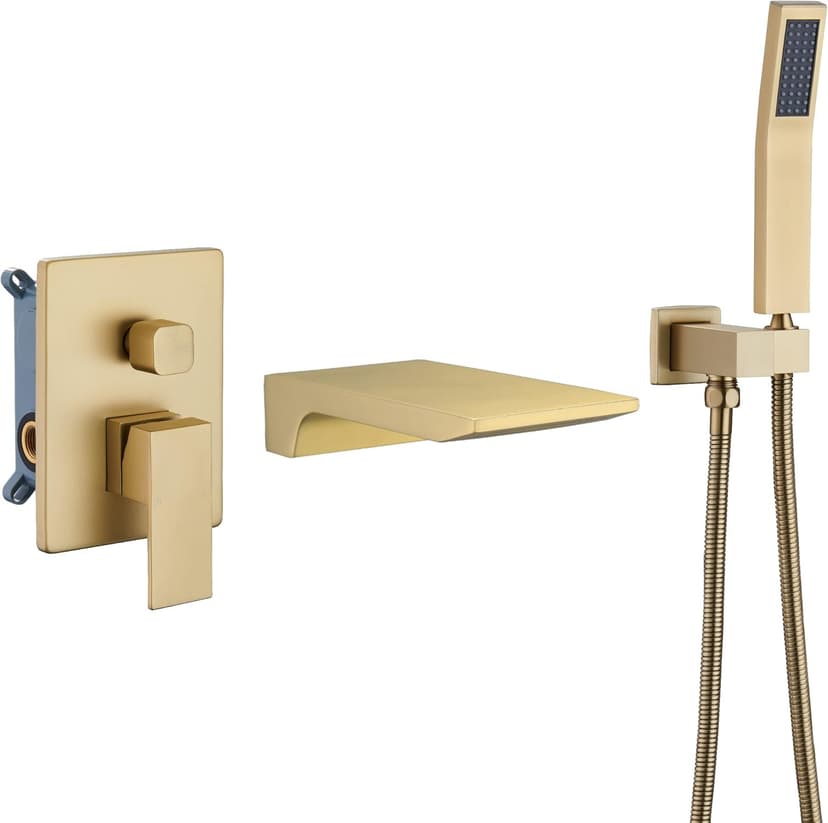 DASAN Waterfall Tub Filler Faucet Wall Mount with Hand Shower, Modern Wall Mounted Bathtub Faucet Brushed Gold Tub Faucet with High Flow Rough in Valve, SA-TF01WH-BG