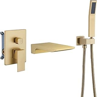 DASAN Waterfall Tub Filler Faucet Wall Mount with Hand Shower, Modern Wall Mounted Bathtub Faucet Brushed Gold Tub Faucet with High Flow Rough in Valve, SA-TF01WH-BG