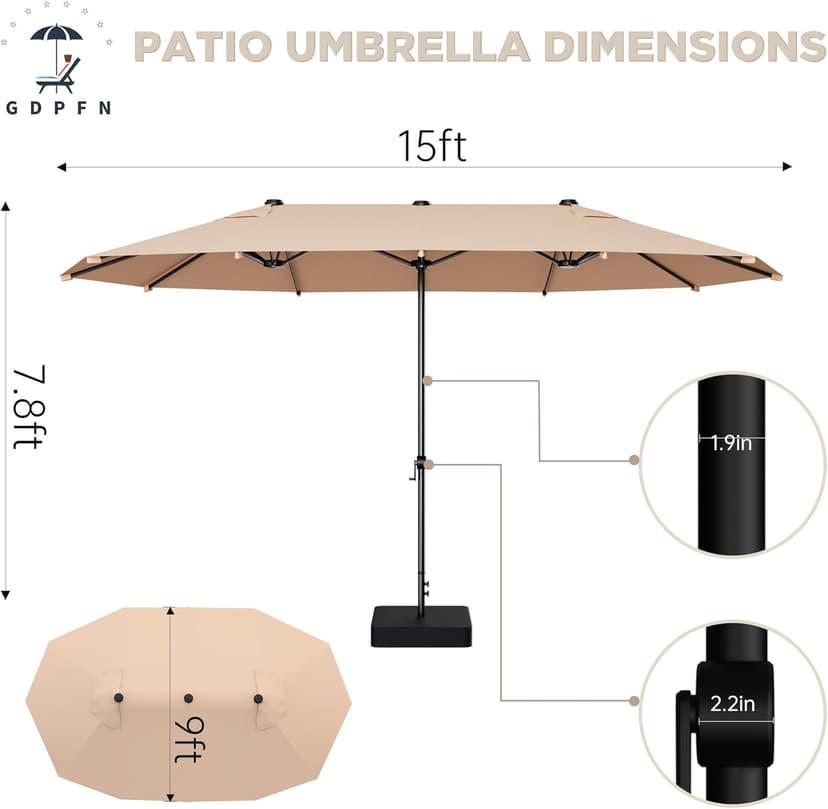 15FT Large Patio Umbrella with Base Included, Outdoor Deck Standing Umbrella with Crank Handle, Double-Side Rectangular Pool Umbrella for Outside, Market, Patio, Beige