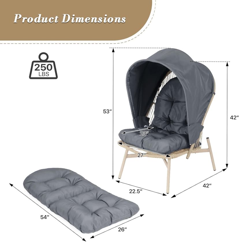 Athena Collection Rattan Egg Chair with Foldable Canopy, Patio Egg Chair Indoor Outdoor Lounge Egg Chair with Stand & Detachable Cushion for Garden, Porch, Backyard, Balcony, Gray