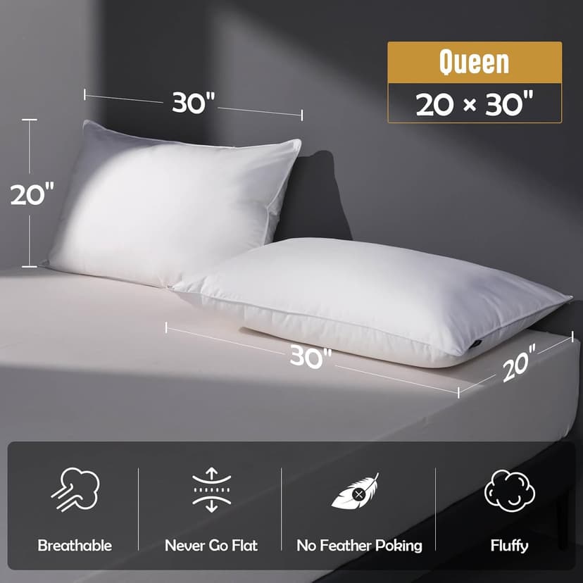 Luxury Feather Down Pillow Queen Size Set of 2 Pack, 100% Cotton Hotel Collection Bed Pillows for Sleeping, Down Surrounded Soft Medium Firm Pillows for Side Back Stomach Sleepers 20" x 30"