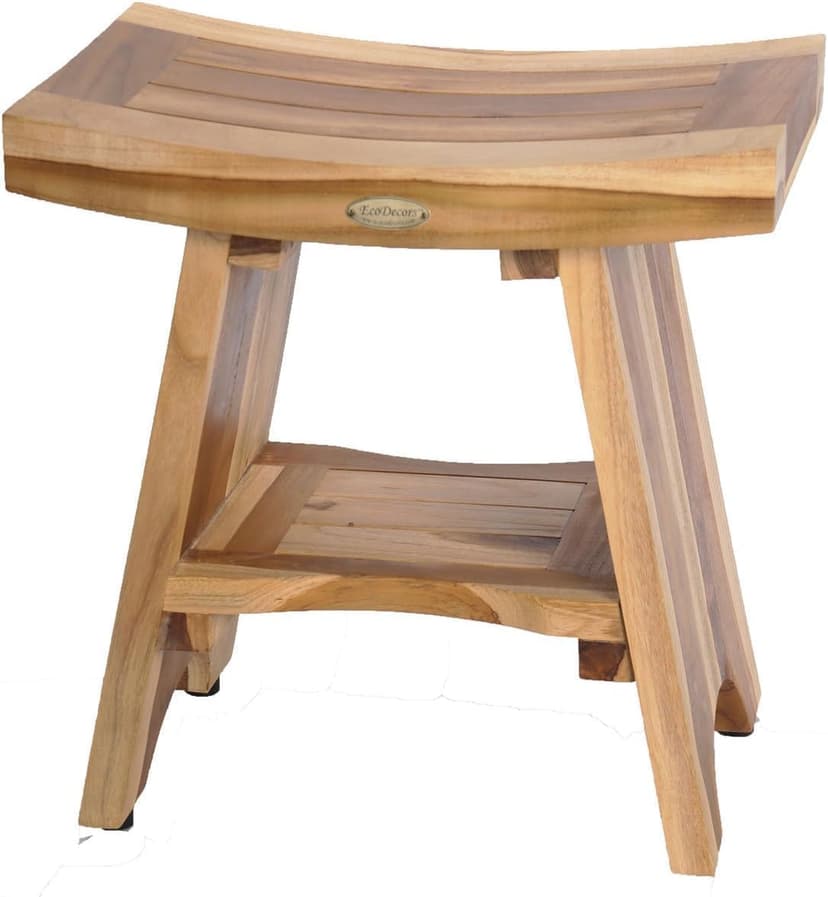EcoDecors 18 Inch Serenity 300 Pound Capacity Waterproof Teak Wood Shower Bench Stool Seat Chair For Inside Shower Storage Shelf Provides Safety, and Storage, For Bathroom Accessories Natural Color