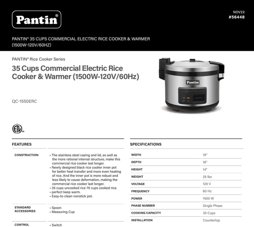 Commercial Rice Cooker Large Capacity Rice Cooker & Rice Warmer - Extra Large Rice Cooker 35 Cups Raw / 70 Cups Cooked Big Rice Cooker 35 Cups Raw Rice Cooker 70 Cups Cooked 120V/1500W, ETL Listed