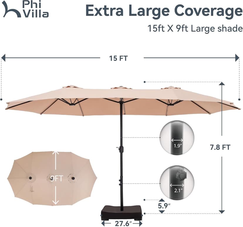 PHI VILLA 15ft Large Patio Umbrellas with Base Included, Outdoor Double-Sided Rectangle Market Umbrella with Stand, Outside Umbrellas for Poolside Lawn Backyard, Beige