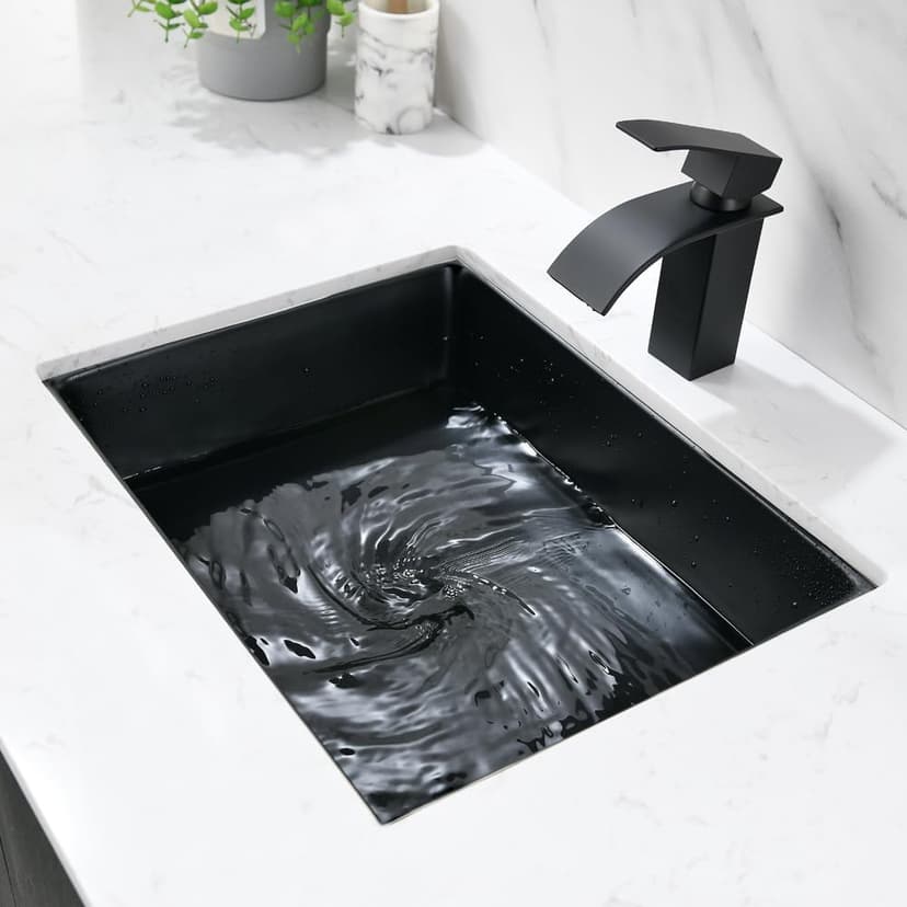 Undermount Bathroom Sink Rectangle, 20"x15" Black Bathroom Vessel Sink Porcelain Ceramic Modern Art Lavatory Vanity Under Counter Basin with Overflow