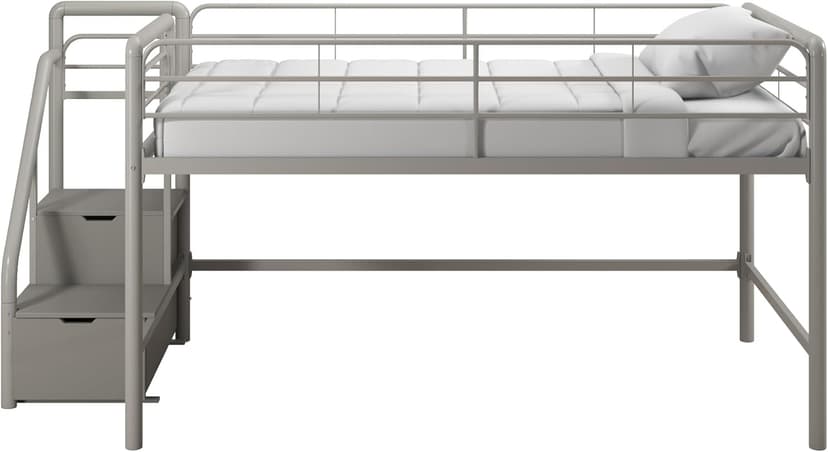 DHP Junior Twin Metal Loft Bed with Storage Steps, Multifunctional Space-Saving Solution - Silver with Gray Steps