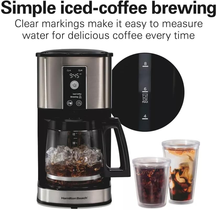 Hamilton-Beach 12-Cup Programmable Hot & Iced Coffee Maker, 950W Electric Drip Machine with Dishwasher-Safe Parts, 24-Hour Delay Brew, Touch-Activated Display for Regular Bold Iced Coffee Auto-Off.
