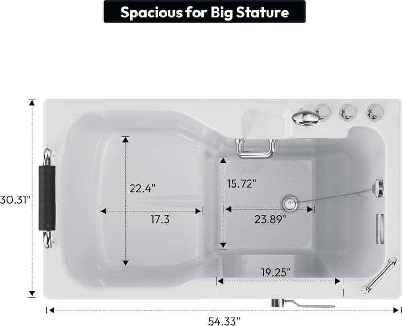 Empava Walk-In Tub, Japanese Soaking Bath, Right Outward Door, Low Threshold, Slip-Resistant, Built-in Seat, Fast Drain, Handrails, Easy Access for Seniors & Mobility-Impaired,54"
