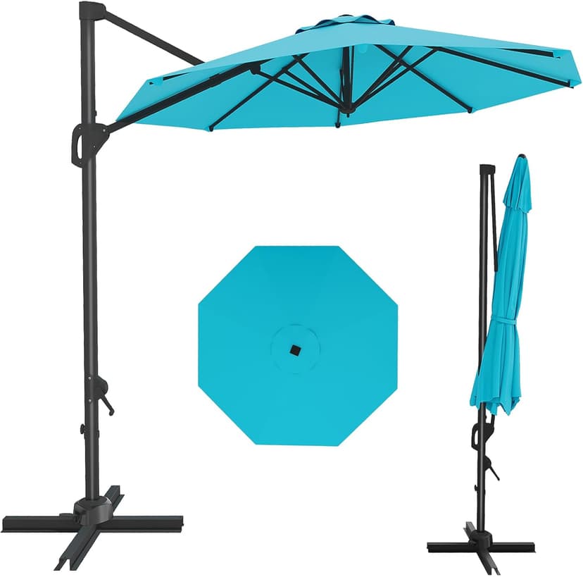 10FT Patio Umbrella Outdoor Large Cantilever Umbrella w/Base Included Market Sun Shade Windproof Offset Umbrella with 360-Degree Rotation for Garden Deck Pool Patio, Turquoise Blue
