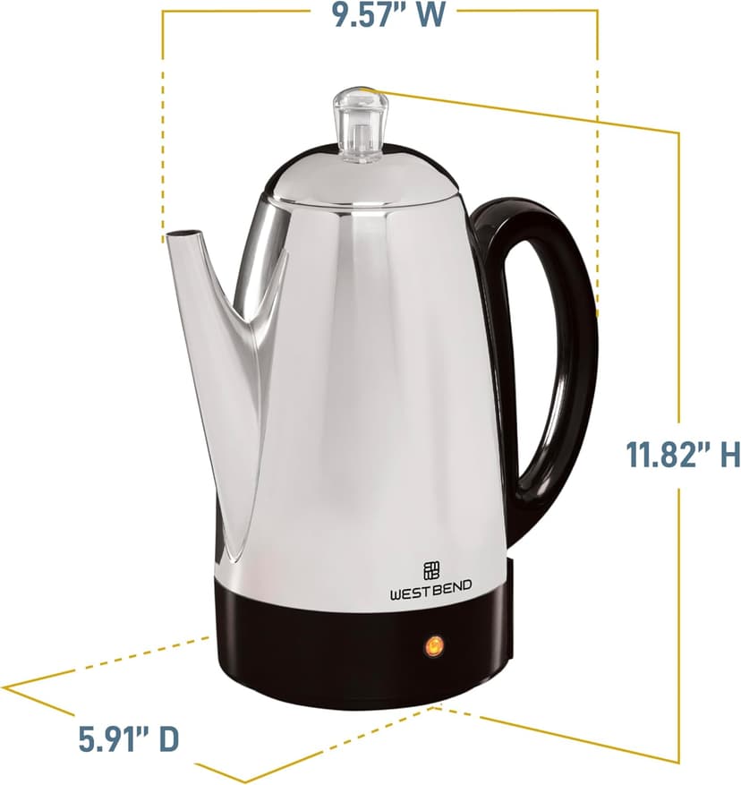 West Bend Electric Percolator Classic Style Coffee Maker with Heat Resistant Handle Base and Detachable Cord with Stainless Steel Stem and Basket, 12-Cup, Silver