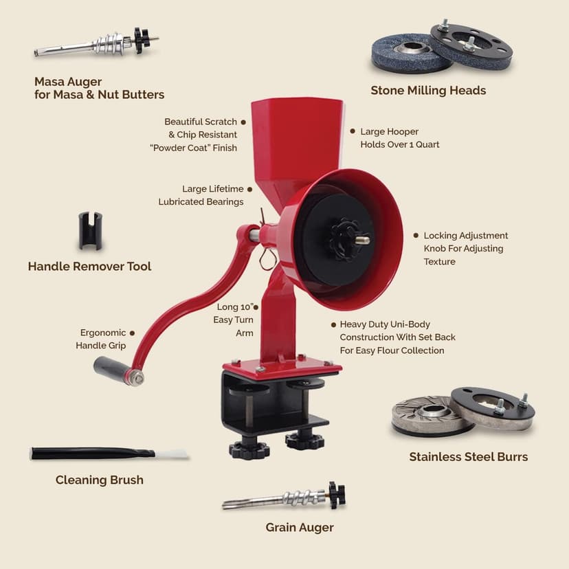 WONDERMILL Hand Grain Mill Red Wonder Junior Deluxe- Manual Grain Mill and Grain Grinder for Dry and Oily Grains - Kitchen Flour Mill, Hand Crank and Spice, Corn, Wheat Stone Mill Grinder