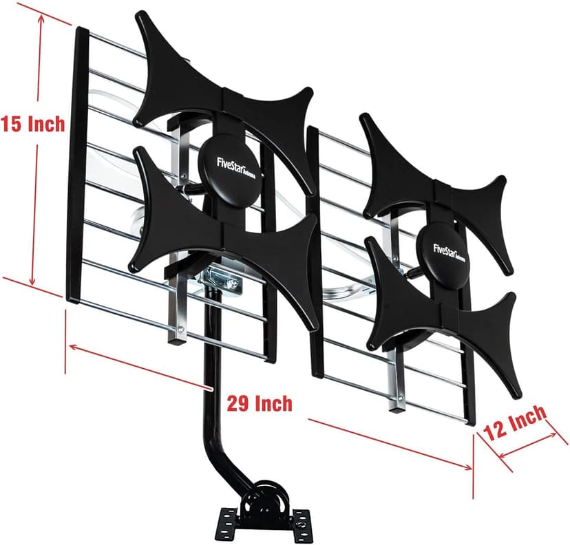 Five Star Multi-Directional 4V HDTV Amplified Antenna - up to 200 Mile Range, UHF/VHF, Indoor, Attic, Outdoor, 4K Ready 1080P FM w/ 40ft RG6 coaxial Cable, Mounting Pole