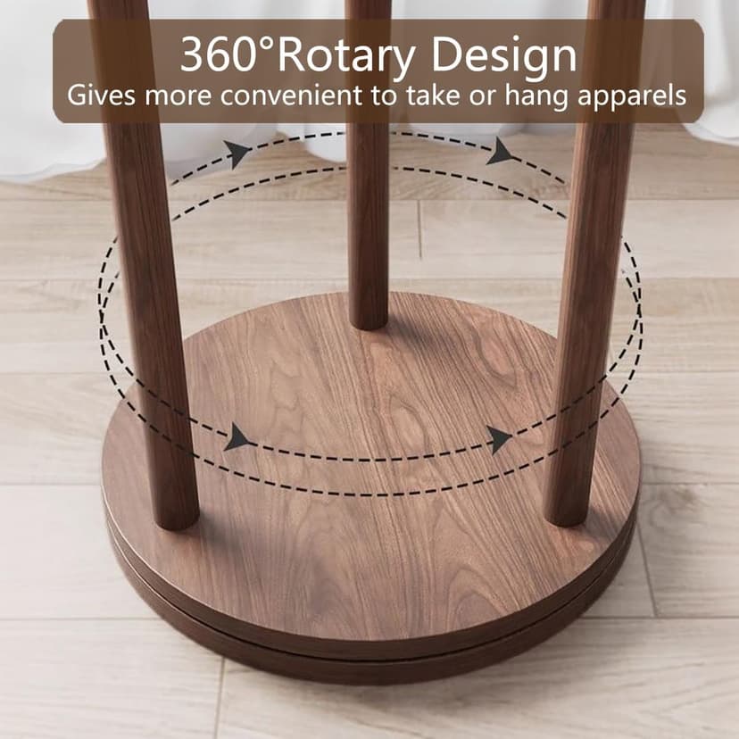 Rotatable Coat Rack, Floor Standing Household Shelf, Solid Wood Frame Standing Coat Rack, Living Room Entrance Bedroom Riser Hanging Rack, Walnut Color