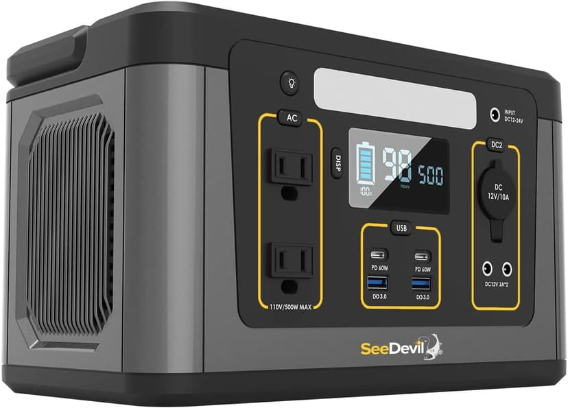 SeeDevil Portable Power Station 500W, 560Wh Lithium Battery, 110V/500W Pure Sine Wave AC Outlet, Solar Generator (Solar Panel Not Included) Great for Camping, Emergency Power, Off-Grid, Outdoor use