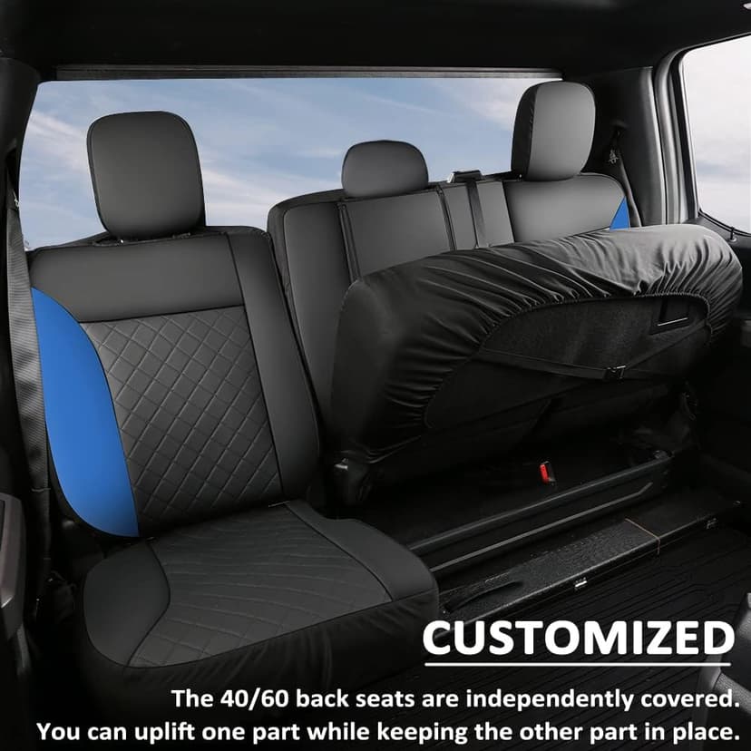 GIANT PANDA Full Set Car Seat Covers Customized Fit 2009-2025 Ford F150 and 2017-2025 F250 F350 F450 Super Crew/Crew Cab Pickup Trucks, Front and Rear Seats Fabric Protectors (Black+Blue)