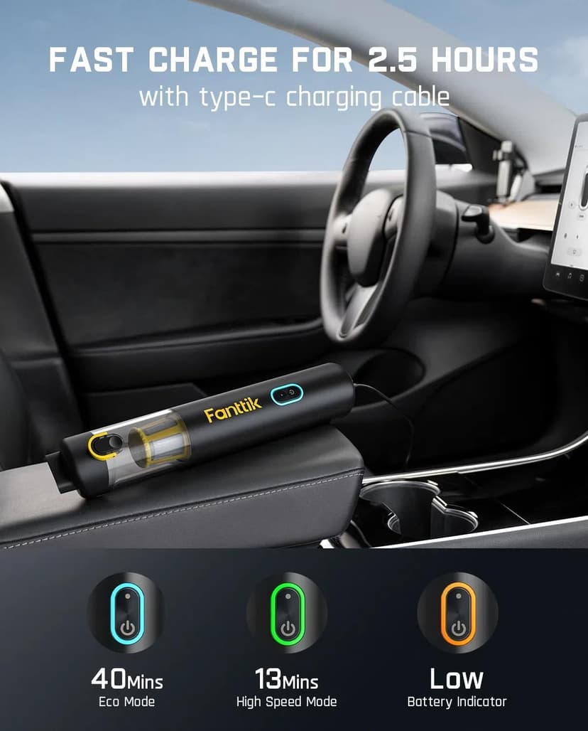 Fanttik Slim V8 Apex Car Vacuum, 4-in-1 Portable Mini Cordless Vacuum with 19000pa Suction Power, Type-C Charge, 2 Suction Modes, Handheld Vacuum for Car, Office Desk, Keyboards (Black)