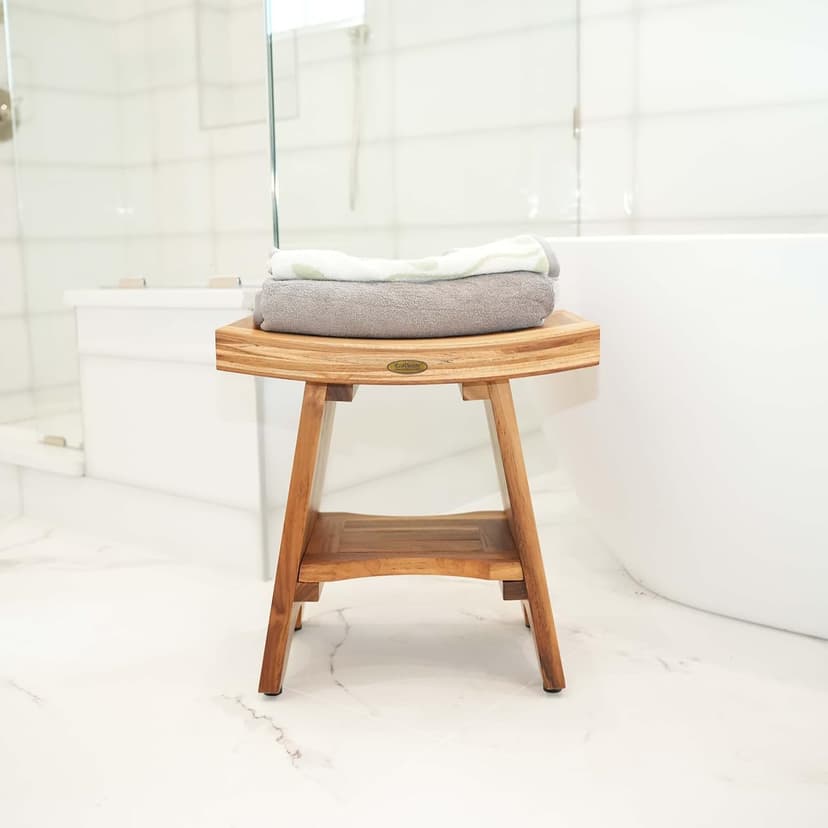 EcoDecors 18 Inch Serenity 300 Pound Capacity Waterproof Teak Wood Shower Bench Stool Seat Chair For Inside Shower Storage Shelf Provides Safety, and Storage, For Bathroom Accessories Natural Color