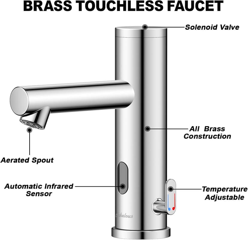 Achelous Automatic Touchless Bathroom Sink Faucet with Deck Plate,Hands Free Infrared Sensor Basin Faucet with Temperature Control, Battery Powered Sensor Bathroom Tap,Chrome