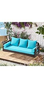 3 in 1 Outdoor Porch Swing with Adjustable Canopy, 3 Seat Outdoor Swing for Adults, Patio Swing Chair with Thickened Cushions,Pillows & Cup Holders for Backyard, Porch, Garden (Wine Red)
