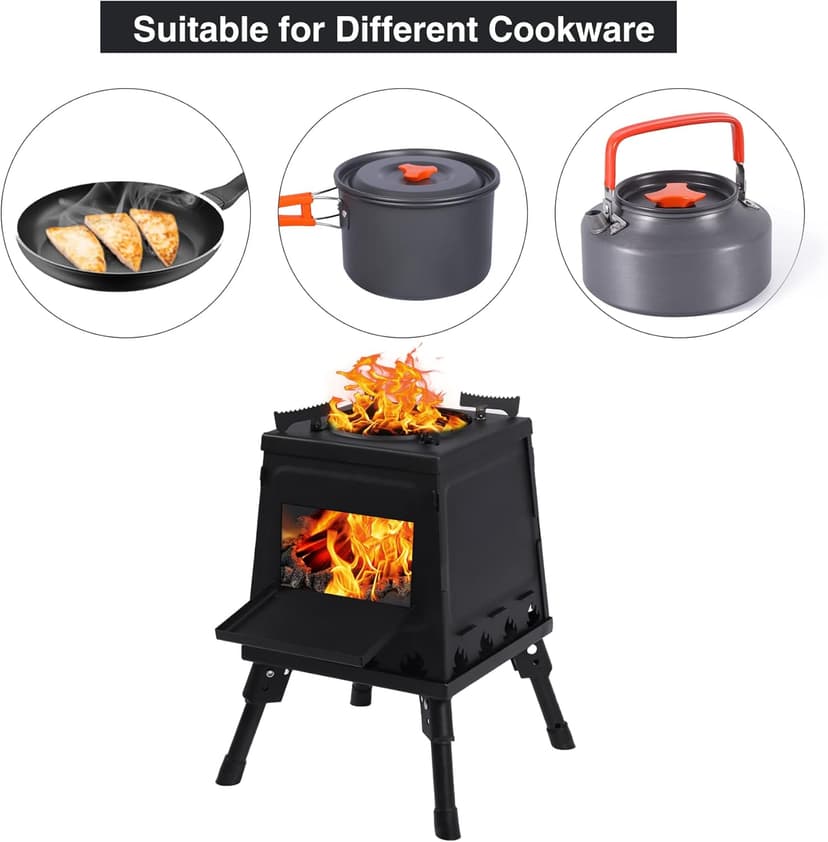 Lineslife Wood Burning Camp Stove, Portable Cast Iron Camping Wood Stove, Black Woodstove with Carrying Case for Backpacking Outdoor Cooking