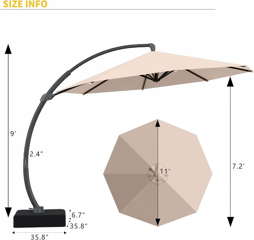 Kingdura 11ft Offset Cantilever Patio Umbrella with Base Included, Large Round Aluminum Outdoor Umbrella, 360° Rotation & Infinite Tilt, Heavy Duty Frame for Deck Pool Backyard, Beige