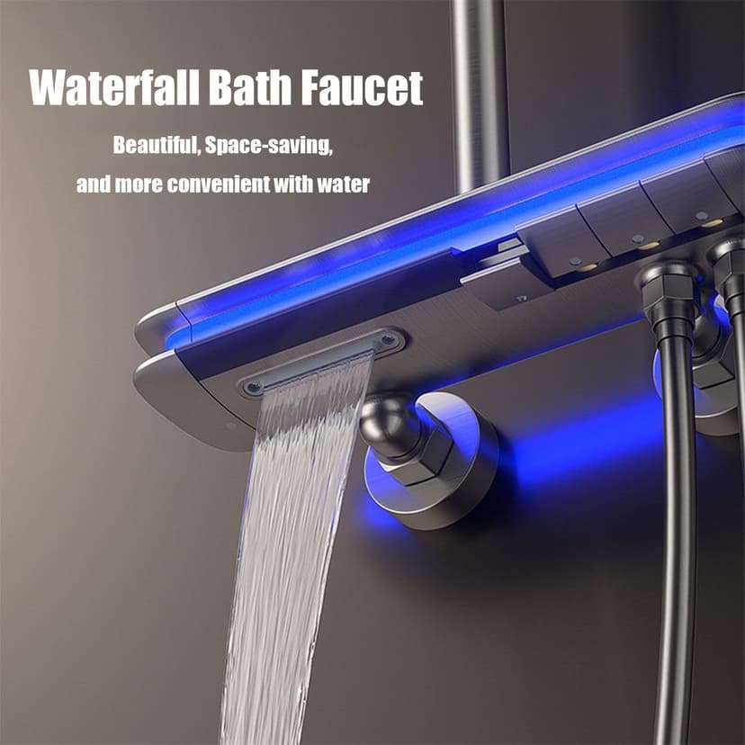 BEITH Thermostatic Shower System, 4 Piano Keys UFO Shower Faucet Set, 31x20cm Square Shower Set, Digital Display, 360° LED Ambient Light, Hydroelectric Power, with Bathtub Faucet (Gun Gray)
