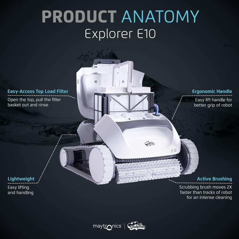 Dolphin (2025 Model) E10 Automatic Robotic Pool Vacuum Cleaner, Active Scrubber Brush, Top Load Filters Access, Ideal for Above-Ground Pools up to 30 FT in Length