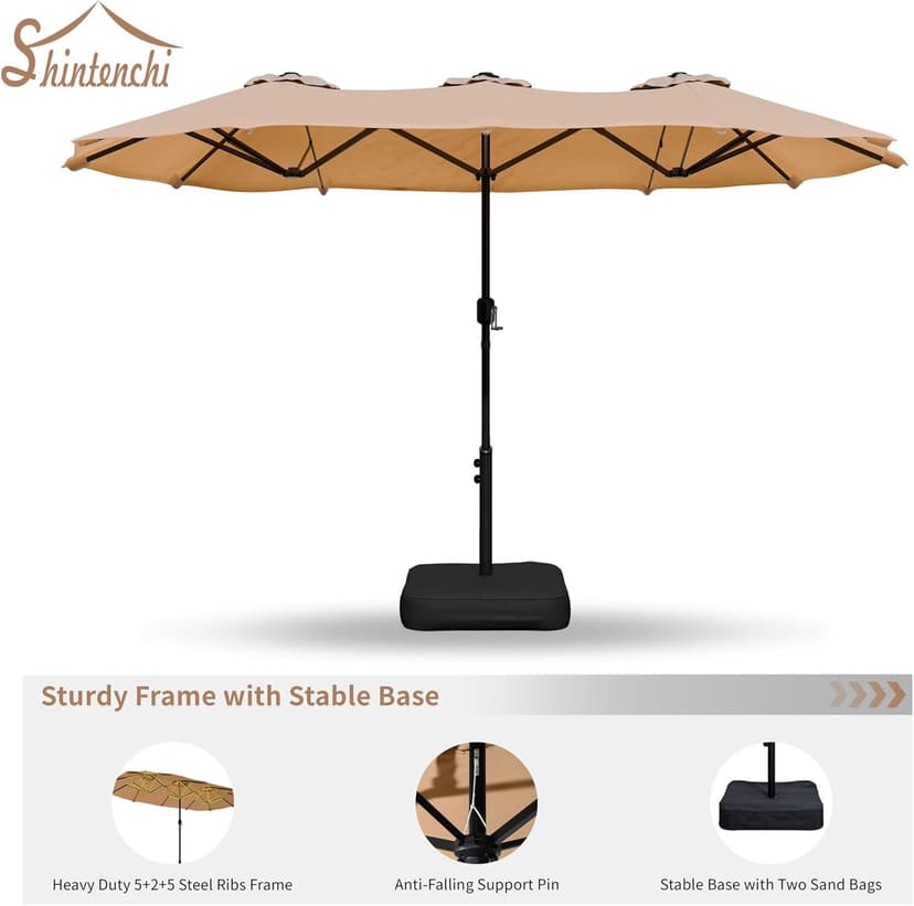 Shintenchi 13FT Large Patio Umbrella with Base, Outdoor Double-Sided Rectangular Shade with Crank Handle for Poolside Lawn Garden, Khaki
