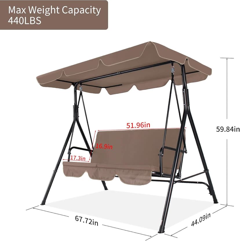 3-Seat Patio Swing Chair, Outdoor Porch Swing with Adjustable Canopy and Durable Steel Frame for Patio, Garden, Poolside(Brown)