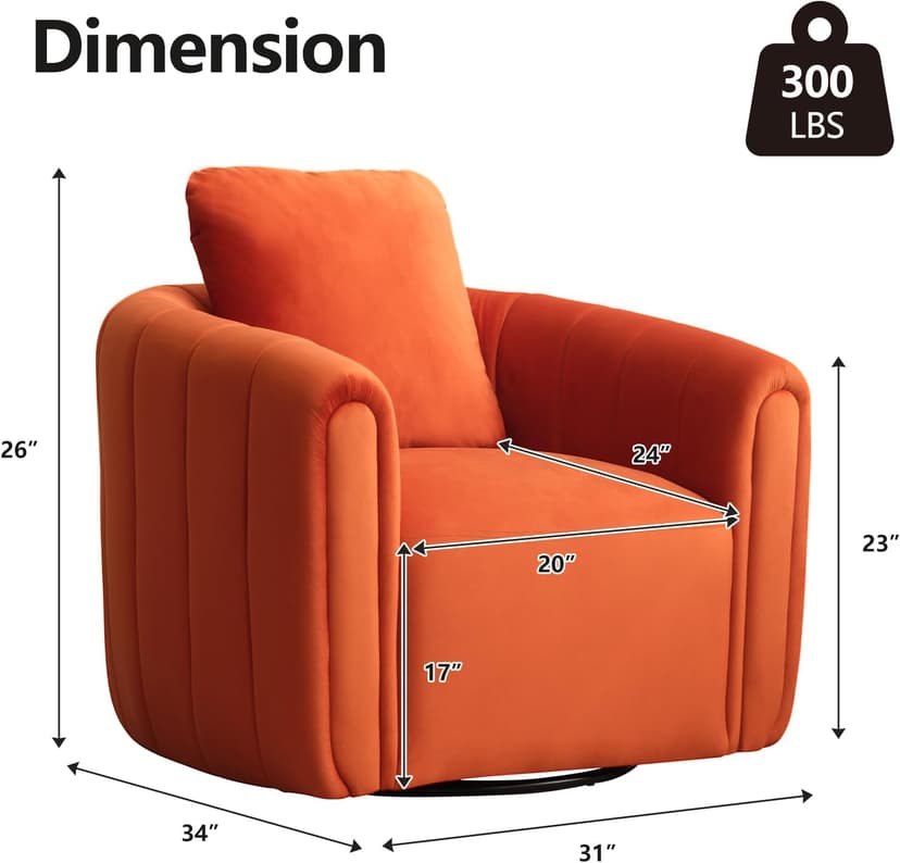 CANMOV Swivel Accent Chair with Pillow,360-degree Swivel Barrel Chair with Curve Backrest, Comfy Velvet Pumpkin-Shaped Round Armchair Modern Single Sofa for Living Room,Bedroom,Waiting Room,Orange