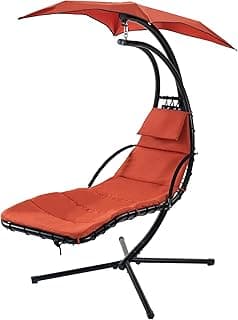 Hanging Chaise Lounger with Removable Canopy, Outdoor Swing Chair with Built-in Pillow, Hanging Curved Chaise Lounge Chair Swing for Patio Porch Poolside, Hammock Chair with Stand (Orange)