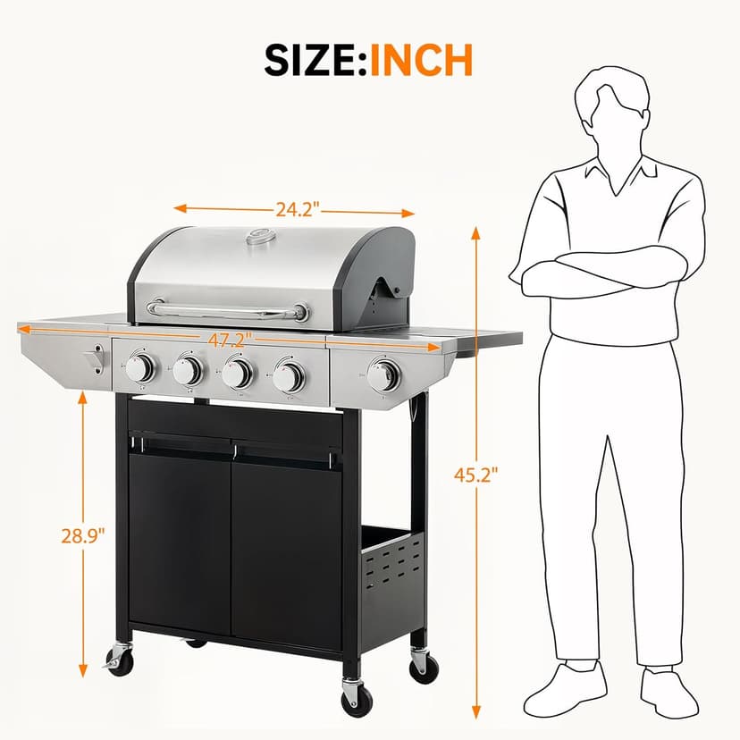 4 Burner Propane Gas Grill with Side Burner, Stainless Steel BBQ Grill 48,500 BTU for Outdoor Cooking Kitchen, Garden and Patio Backyard Barbecue, Black and Silver