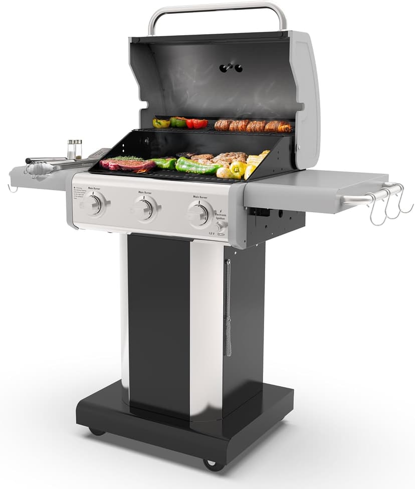 Kenmore 3-Burner Propane BBQ Grill, 30,000 BTUs Gas Grill with Cast Iron Cooking Grates, Folding Side Tables & Wheels, Outdoor Grill with Tool Hooks, Black