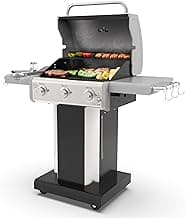 Kenmore 3-Burner Propane BBQ Grill, 30,000 BTUs Gas Grill with Cast Iron Cooking Grates, Folding Side Tables & Wheels, Outdoor Grill with Tool Hooks, Black